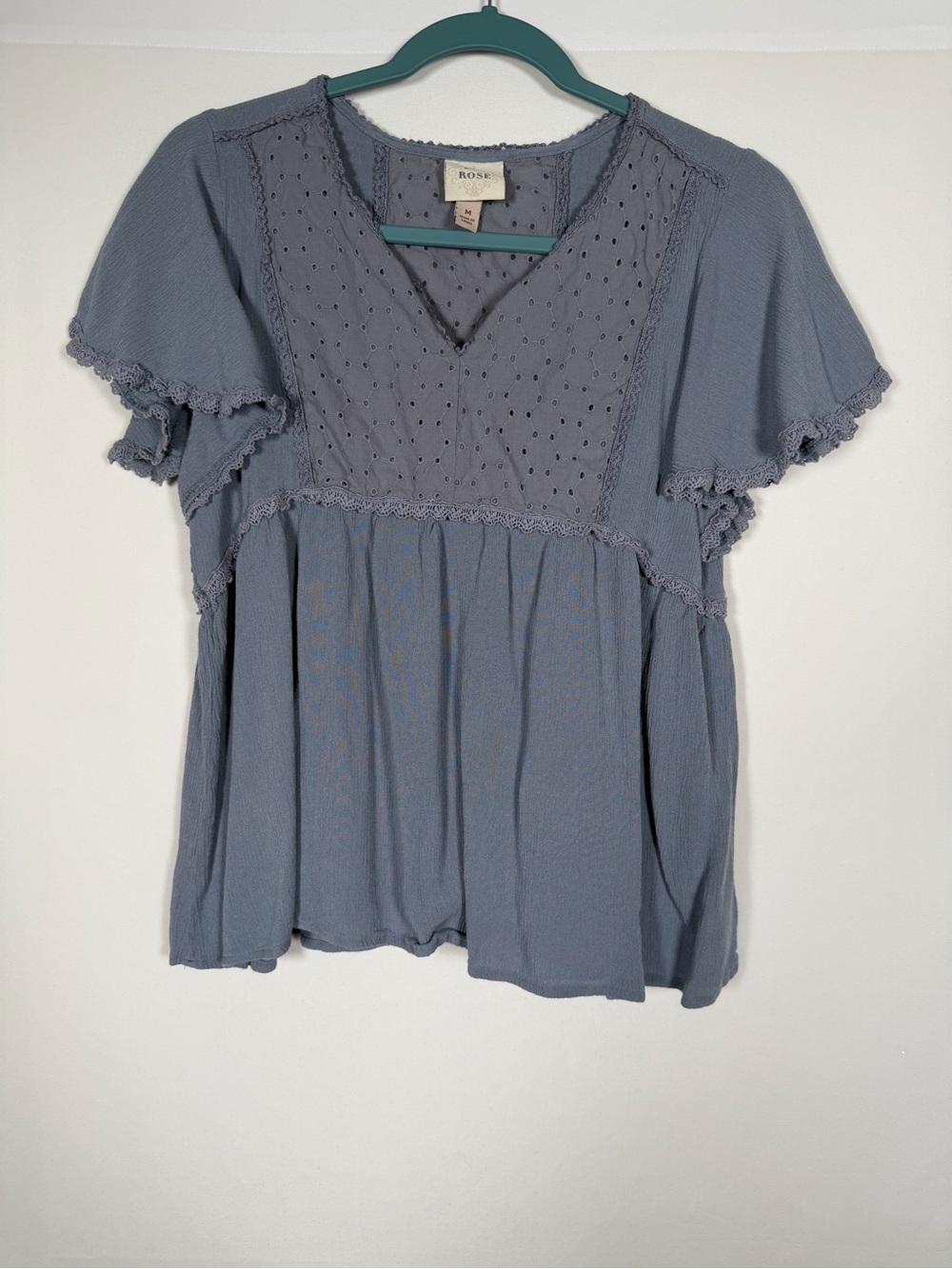 Boho Eyelet Peasant Blouse in Dusty Blue-Grey